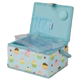 Medium Cupcake Sewing Box, Blue Cupcake Pattern Fabric, 18.5 x 26 x 15cm