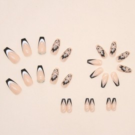 French Tip Press on Nails Medium Fake Nails with Butterfly Designs Coffin Glue on Nails Black & White Translucent Acrylic Nails Rhinestone Artificial Swirl Stick on Nails for Women 24 Pcs