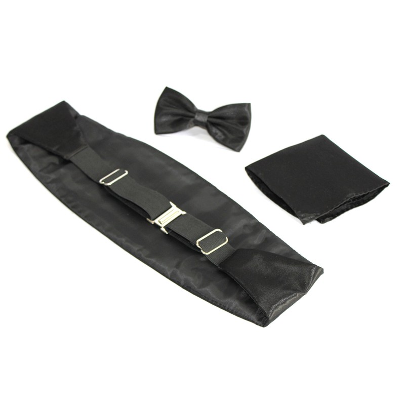 Miaomiao Cummerbund Bow Tie, Square, Set of 3, Black, Gentleman,