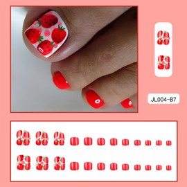 Red Press on Toenails Short Square Stick on Toenails with Strawberry Design 3D Pink Dots Fake Toe Nails Glossy Summer False Toenails Cute Spring Glue on Toenails for Women Girls Manicure 24Pcs