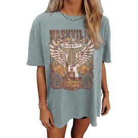 Nashville Music City T-Shirt Women Country Music Oversized Shirts Rock Band Tshirt Vintage Guitar Wings Graphic Tees(Green,XX-Large)