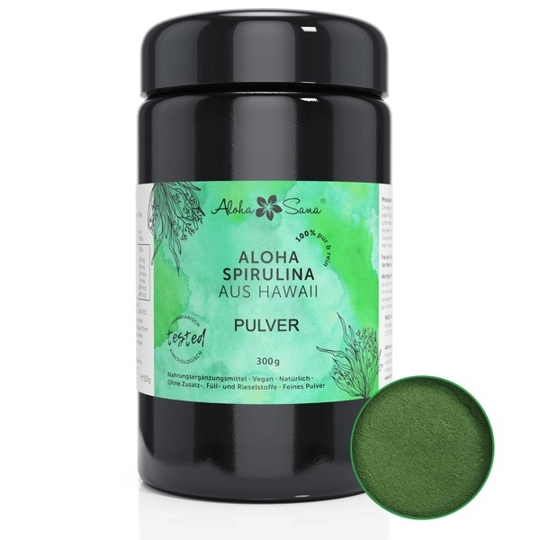Aloha Sana 100% Hawaii Spirulina Powder in Ultraviolet Glass, 300 g Organic & Vegan Algae Powder, Laboratory Tested Spirulina Powder, Made in Germany