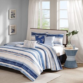 F&W 6 Piece Trendy Blue Tan White King/Cal King Coverlet Set, Striped Themed Bedding Contemporary Nautical Coastal Watercolor Navy Aqua Ocean Seashells Beautiful Seaside Beach Water Nature, Polyester