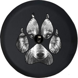 Funny Spare Tire Wheel Cover for Camper SUV Trailer Truck RV JP Thick PVC Leather | American Grey Wolf Paw Print Black 33 Inch with Backup Camera Hole