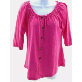 Storybuk Womens Size Medium Hot Pink Round Neck Button Accents Shirt G1782