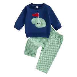 Chloefairy Toddler Baby Boy Masters Golf Outfit Long Sleeve Golf Hole Sweatshirt Plaid Pants Set 2Pcs Infant Fall Clothes (Navy Blue, 18-24 Months)