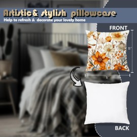 Pleonox Rustic Orange Floral Pillow Covers 18x18 Set of 4, Cottagecore Home Room Decor, Retro Cottagecore Wildflower Botanical Decorative Throw Pillow Covers