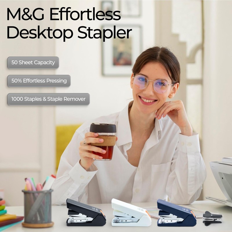 M&G Effortless Stapler 50 Sheet Capacity One-Touch Stapling, Heavy Duty