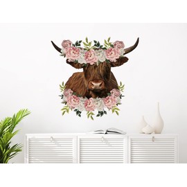 Highland Cattle and Peonies Wall Decal Scottish Cow Vinyl Sticker Mural Flowers Custom Decals Highland Cow Girls Room Animal Farmhouse Decor NS2277 (12" Tall x 12" Wide inches)