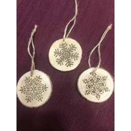Handmade Wood Slice Christmas Tree Decorations, Set of 3, Ornaments, Snowflakes, Handmade