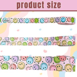 JarThenaAMCS 3 Rolls Retro Groovy Ribbons 15 Yards Colorful Smile Face Grosgrain Ribbon Fabric Craft Ribbon for Wreath Bow Making Wrapping DIY Crafts