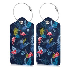 Set of 2 Luggage Tag for Suitcases Leather Flamingo Baggage Tags with Stainless Steel Loop Privacy Name ID Card Cover Tropical Travel Bag Labels Set for Women Men Kids Girls