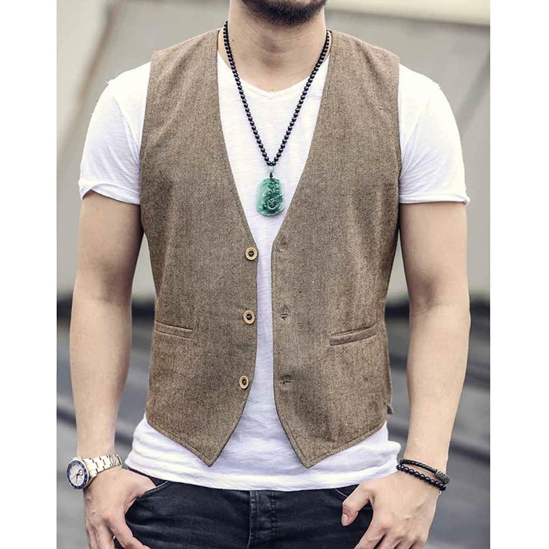 AeoTeokey Men's Summer Linen Vest Suit Vest Casual Vest Regular
