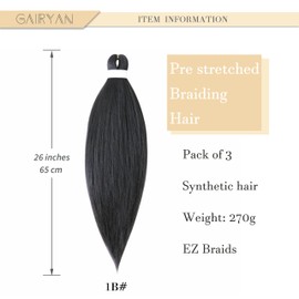 Gairyan Pre Stretched Braiding Hair 26 Inch Pre-Stretched Braiding Hair 3 Packs Natural Yaki Texture EZ Braids Professional Synthetic Hair for Braiding (Natural Black)