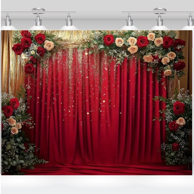 Red Rose and Gold Glitter Background Banner for Photo Booth,