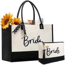BeeGreen Bride Canvas Tote Bag for Bride Bridesmaid Gifts Bachelorette Gifts Engagement Gifts w Leather Handle Bridal Shower Gift for Women with Zipper Pocket Embroidery Monogram Wedding