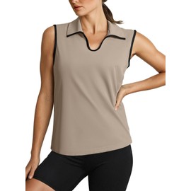 Dokotoo Womens Workout Tank Tops Quick Dry Golf Polo Shirts Women's Clothing Collared v Neck Sleeveless Lightweight Athletic Stripe Shirts Beige Large