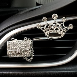 Bling Car Charm Air Vent Clips, Crystal Women Fashion Car Interior Accessories, Rhinestone Diamond Car Bling Decorations, Cute Automotive Interior Trim, Glam Car Decor (Crow & Fashion Bag)