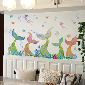 Runtoo Mermaid Tail Wall Decals for Girls Bedroom Under The Sea Ocean Wall Stickers Bathroom Baby Nursery Kids Room Wall Decor