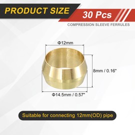 sourcing map 30Pcs Fit for 12mm(1/2") Tube OD Brass Compression Sleeve Ferrules Brass Compression Tube Fitting for Water Oil Air Pipe