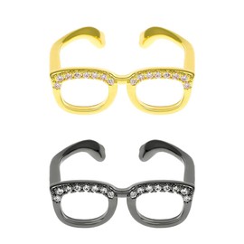 XUN Zhe 2Pcs Rhinestone Glasses Open Rings Set,Cute Crystal Love Heart Eyeglasses Finger Rings Jewelry for Women Men Couple Gifts (Gold Black Crystal)