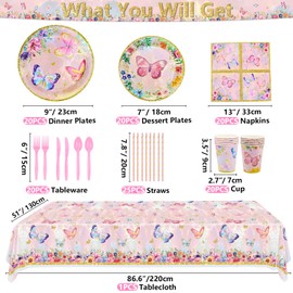 166 PCS Butterfly Birthday Party Supplies - Butterfly Plates, Napkins, Cups, Tablecloth, Knives, Fork, Spoon, and Straws for Girls Baby Shower, Fairy Themed Party Decorations, Serves 20 Guests