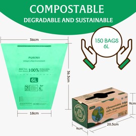 PURENV 150 Organic Compost Bin Liners, 6L Biodegradable Bin Bags, Robust Leak-Proof, Corn Starch Made Bin Liners (6L/10L/20L/30L) with EN13432 Certification
