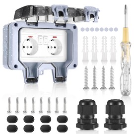 Outdoor Socket IP66 Weatherproof, Garden Socket Surface-Mounted Protective Contact, Outdoor Socket 2-Way with Hinged Lid, Dustproof Socket, for Wet Room, Garden, Outdoor, Garage