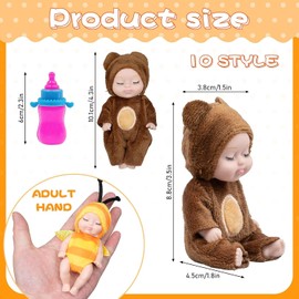 TESIN 10 Pcs Mini Baby Dolls,4 Inch Realistic Baby Toy Dolls,Tiny Reborn Baby with Animal Clothes Cute Lifelike Baby Doll Gifts Set with 10 Pcs Nursing Bottles for Kids Boys Girls Toddlers Xmas Gift