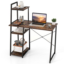 Tangkula Computer Desk with Shelves, Space Saving Home Office Desk with 3-Tier Ladder Shaped Storage Bookshelf, Modern Writing Study Desk with Metal Frame, Compact Computer Workstation (Rustic Brown)