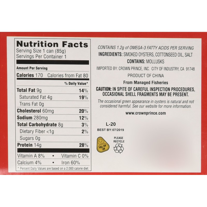Crown Prince Fancy Whole Smoked Oysters in Cottonseed Oil 3.75oz