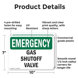 (2 Pack) Gas Shutoff Valve OSHA Emergency Sign 10 Inch X 7 Inch Plastic Sign, Weather Resistant, UV Protected for Workplace, Business, and Construction Site, Made in the USA