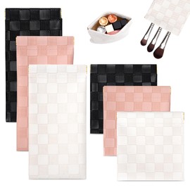 Leezmark 6Pcs Leather Pocket Cosmetic Bag for Women, Small Cosmetic Bag for Purse, Mini Makeup Bag, Checkered Makeup Bag & Soft Glasses Bag, Purse Organizer Pouches (Black, Pink, White)