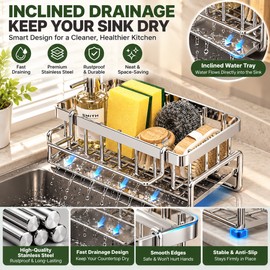 Stainless Steel Sink Organizer for Kitchen & Bathroom – Multifunctional Countertop Caddy with Sponge, Soap & Towel Storage