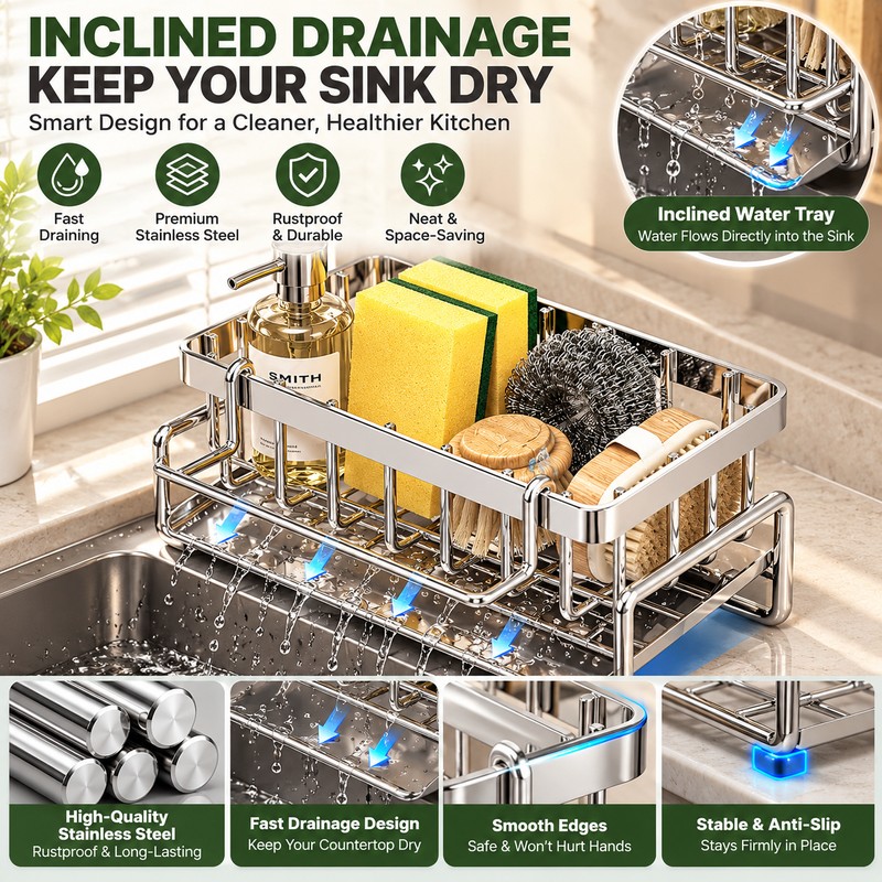 Stainless Steel Sink Organizer for Kitchen & Bathroom – Multifunctional