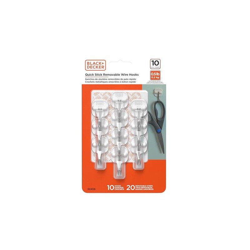 BLACK+DECKER Wire Toggle Wall Hooks, Quick Stick Adhesive, Removeable, 10