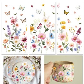 ORIGACH 3 Sheet Watercolor Wildflower & Butterflies Rub on Transfers for Crafts and Furniture Floral Home Decor Transfers Wall Art Decals for Bedroom Living Room Desk Table Decor, 6”x 12”
