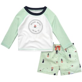 Gerber Baby Boy's Toddler Long Sleeved Rashguard Swim Bathing Suit Set, Blue Sailboat