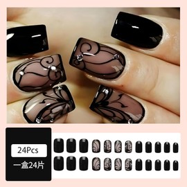 24 Pcs Black Press on Nails Short Square, French Fake Nails with Black Vine Glossy Acrylic Glue on Nails Full Cover Nails Press ons Rhinestone Stick on Nails Summer Artificial Nails for Women Girls