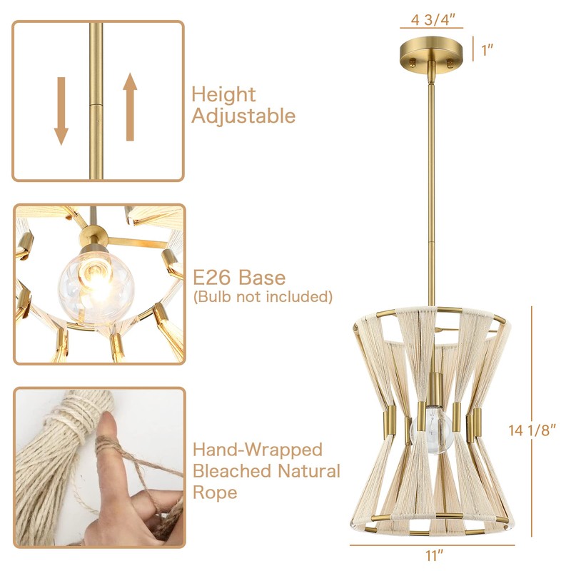 Untrammelife Modern Drum Pendant Light,Luxe Hand-Wrapped Bleached Natural Rope Hanging