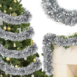 ZKTYQUIHE 4 Pack Total 28 Ft Tinsel Garlands Christmas Tree Decorations, Thick Thin Metallic Streamers Xmas Garland Holiday Christmas Decorations Home Indoor Outdoor Party Supplies,Silver
