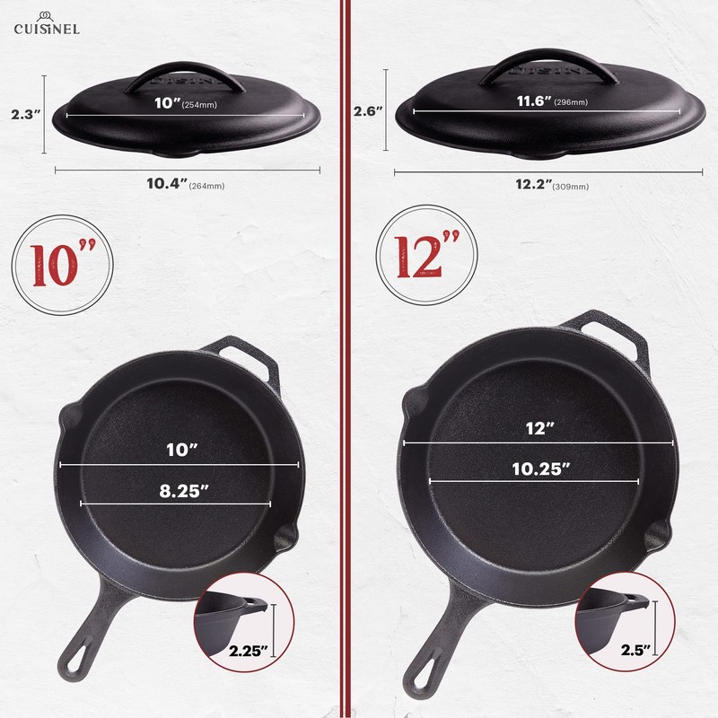Cast Iron Skillet Set with Lids - 10"+12"-inch Pre-Seasoned Covered