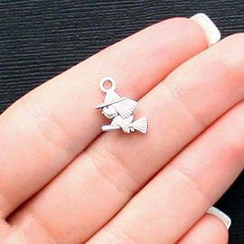 10 Witch Charms Antique Silver Tone Witch Riding Broom 2 Sided - Charms Pendants DIY for Necklace Bracelet Jewelry Making