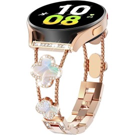 Issinlky Lucky Four Leaf Clover Band for Galaxy Watch 7/FE/6/5/4 40mm 44mm, 20MM Bling Rhinestone Metal Strap Girl for Galaxy Watch 6 Classic/4 Classic/Watch 5 Pro/Watch 3 41mm/Active 2/Active 40MM