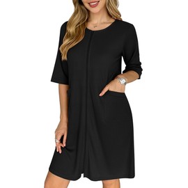 Ekouaer Zip Up Robes for Women Waffle Bathrobe House Dress Lightweight Knee Length Robe(Black,XX-Large)