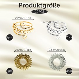 Pack of 10 Anti-Stress Ring Set, 4 Adjustable Rotating Rings and 6 Acupressure Rings, Fidget Ring for Stress Relief, Anxiety Ring, Ideal for Adults and Children (Gold Silver)