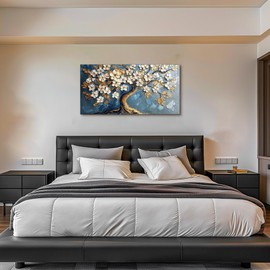 SERIMINO Tree of Life Large Canvas Wall Art, Abstract Gold Tree Modern Office Decorations, Nature White Floral Artwork for Walls, Navy Blue Pictures Wall Decor Living Room Bedroom Art Prints 20"X40"