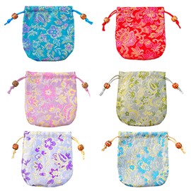 PAVIKE Brocade Jewelry Pouches, Set of 6, Wedding Candy Packaging Bags, Chinese Drawstring Bags, Jewelry Bags, Jacquard Pattern, Jewelry Pouches, Drawstring Bags, Portable, Presents, Storage Bags,