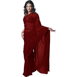 pvs traders Women's Bollywood Chiffon Plain Sari Festival Uniform Saree Wrap Fabric (Maroon)