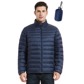 SLOW DOWN Men Lightweight Down Puffer Jakcet, Packable Winter Puffy Down Jacket with 2 Packing Bag (Deep Navy,M)